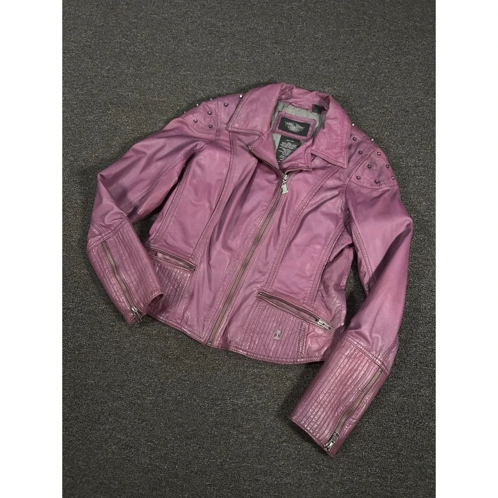 Harley Davidson Jacket Women's Medium Purple Lambskin Leather Moto Studded Biker
